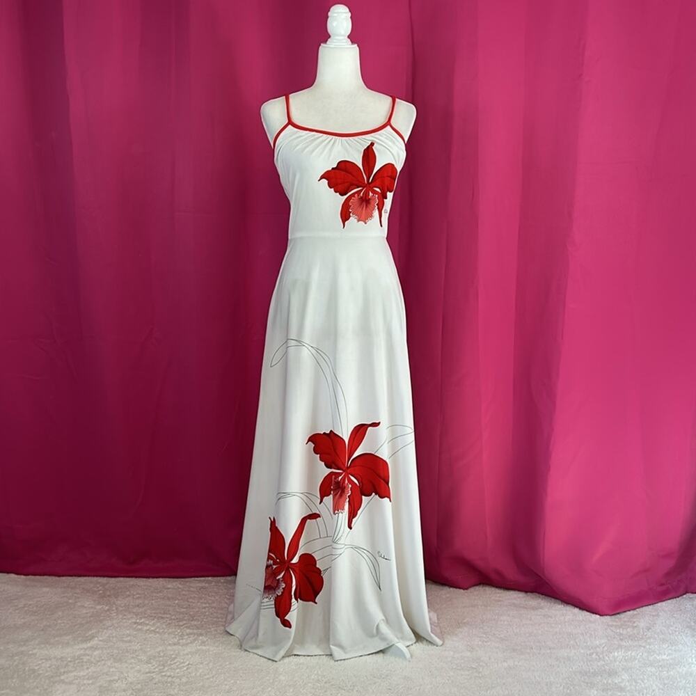 Vintage 70s Alfred Shaheen graphic print red flower maxi dress, 8